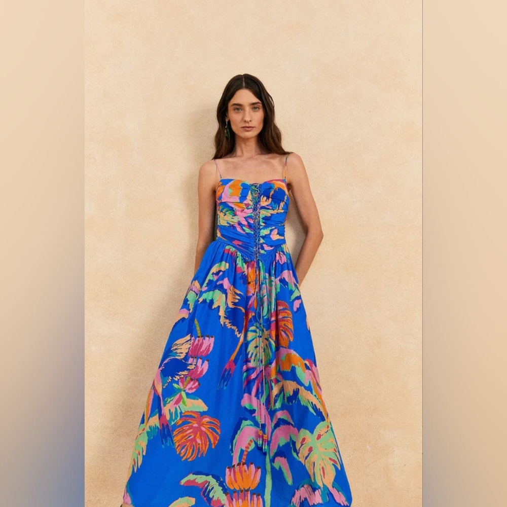 FARM RIO PAINTED JUNGLE MIDI DRESS